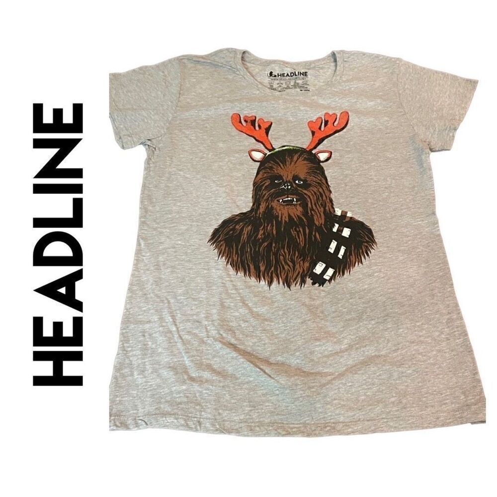 Chewbacca With Reindeer Ears Gray Headline T-Shirt Size XX-Large(measured more l
